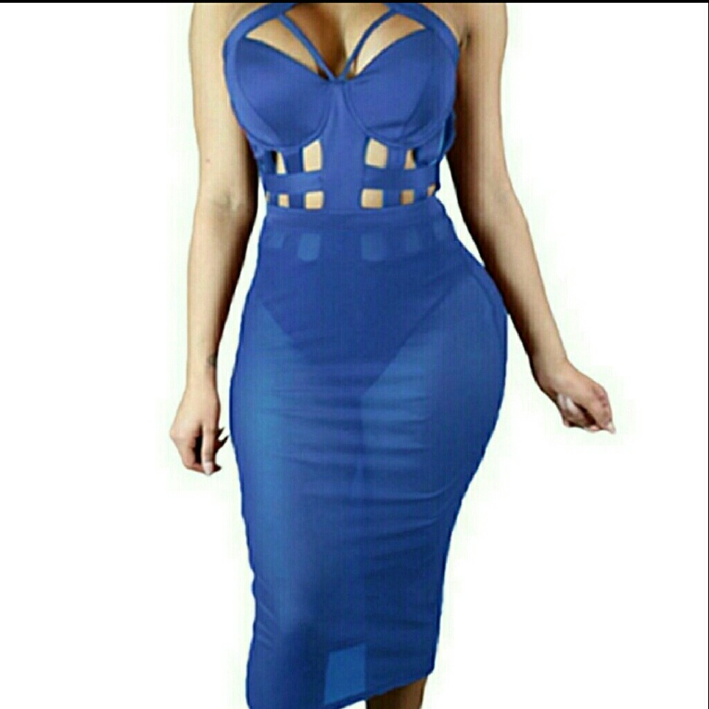 Bandage Bodysuit Mesh Midi Skirt Set
